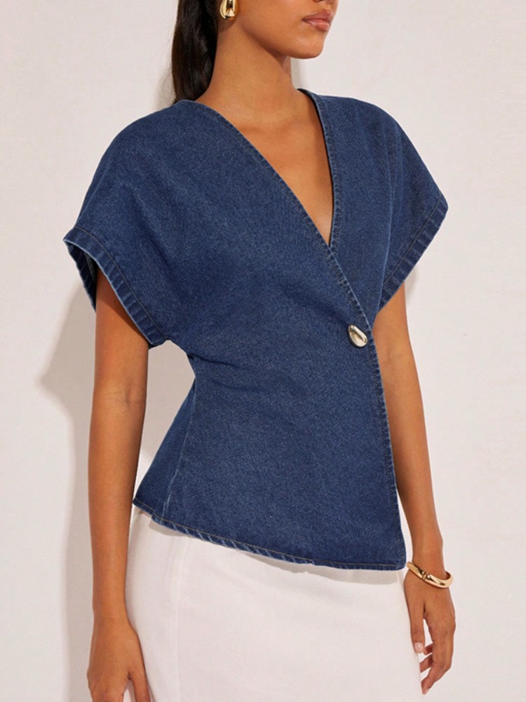 2026Women Dark Blue Denim Blou - Summer Clothing Wraps のレビューと価格
