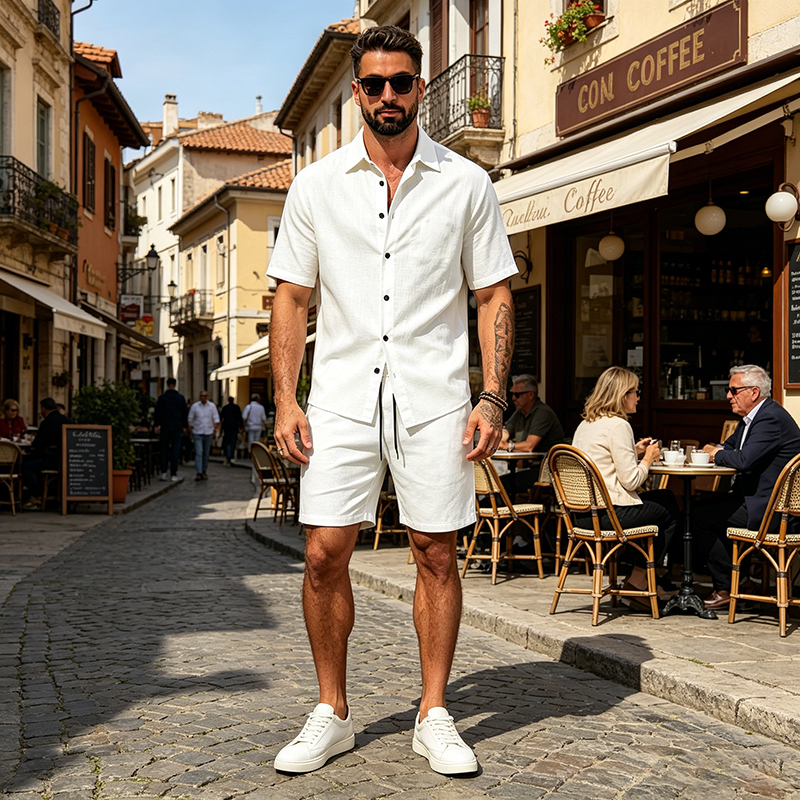 Men Linen Two Piece Outfit Sho - Linen Shorts Men のレビューと価格
