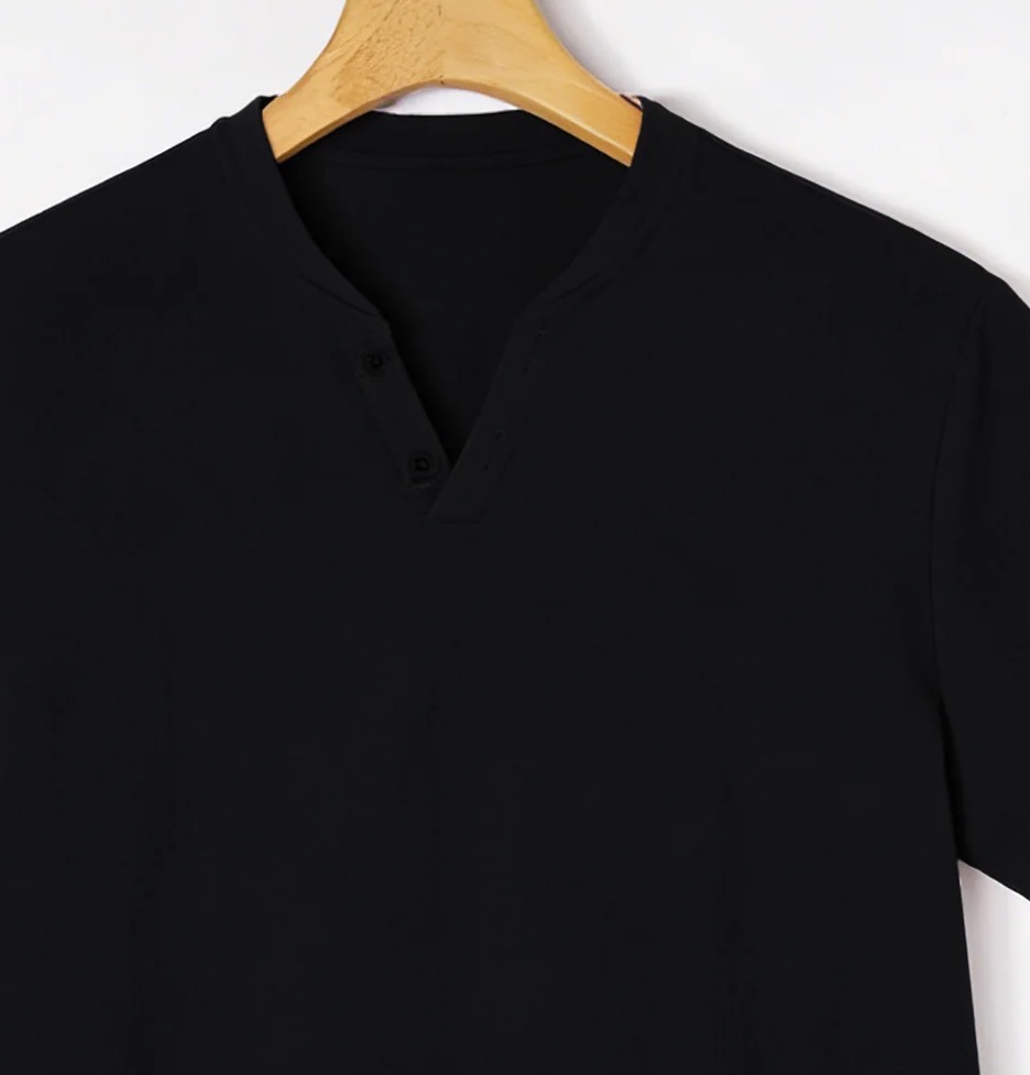 Elegant Black Henley Short-Sle - Linen Shorts Men のレビューと価格