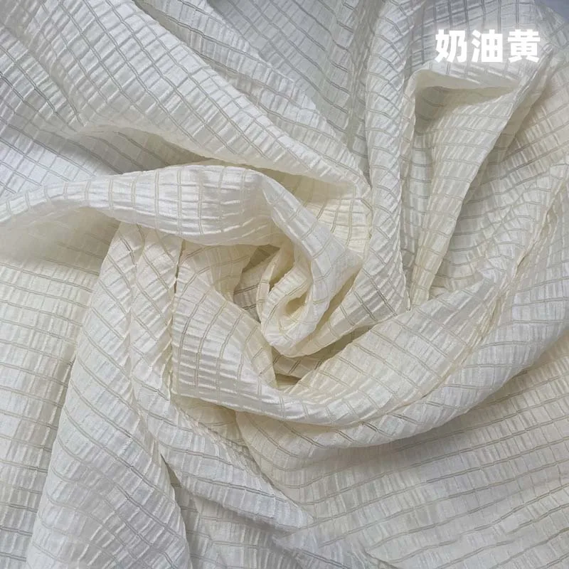 Cream Yellow Checkered Fabric  - Summer Clothing Material のレビューと価格