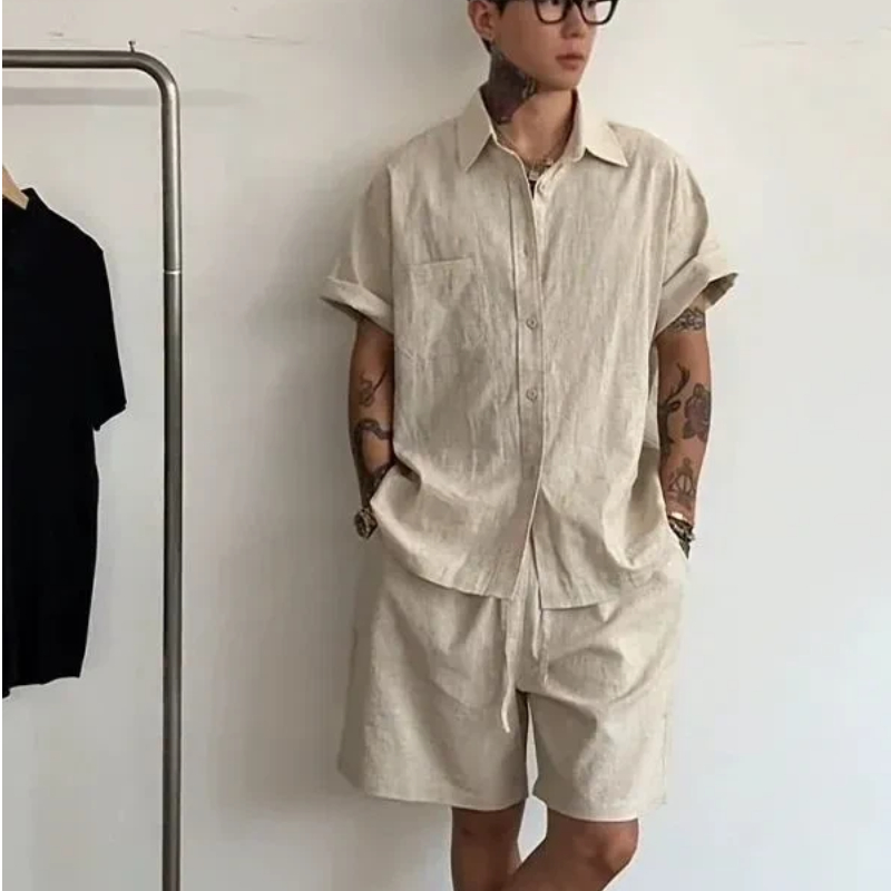 Mens Linen Cotton 2 Piece Set  - Linen Shorts Men のレビューと価格