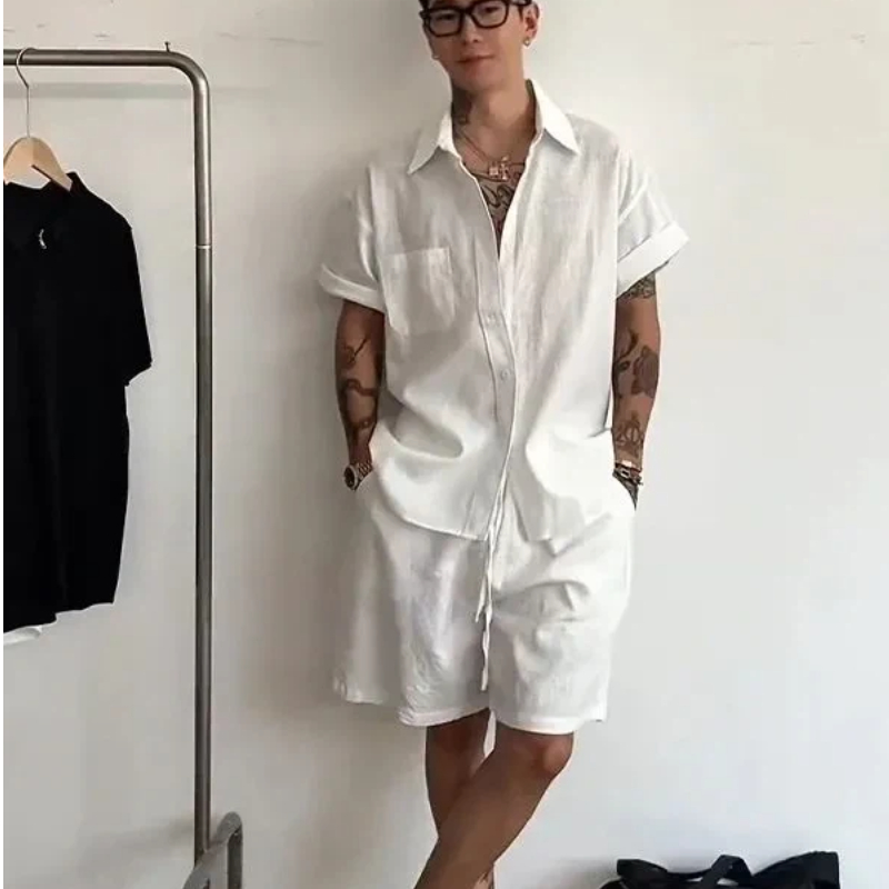 Mens Linen Cotton 2 Piece Set  - Linen Shorts Men のレビューと価格