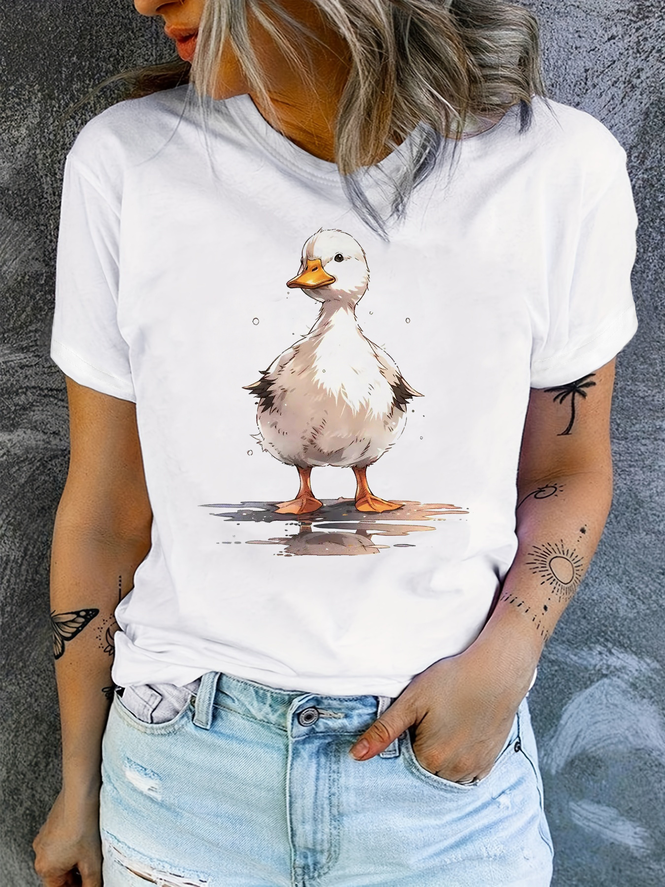 Cute Duck Print Crew Neck T-sh - Summer Duck Clothing のレビューと価格