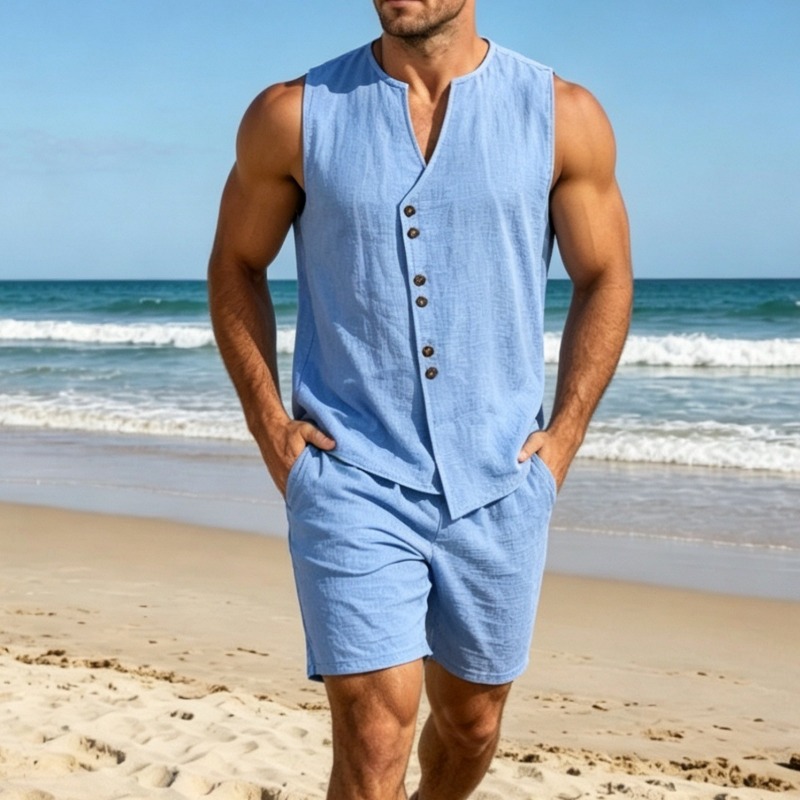 Men Simple Solid Linen Sleevel - Linen Shorts Men のレビューと価格
