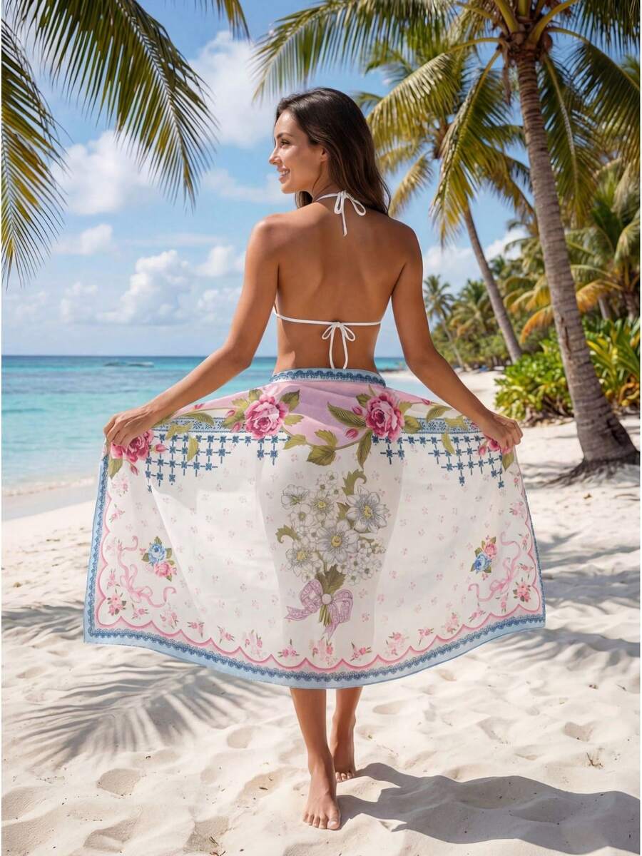 Womens Blue Floral Chiffon Bea - Sarong Pareo Wrap のレビューと価格